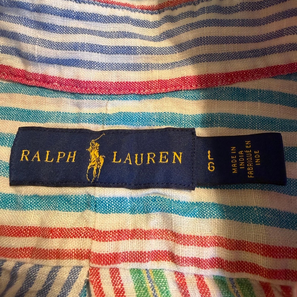 Polo Ralph Lauren Mens Large 100% Linen Multi Color Striped Button Down Shirt - Picture 3 of 7